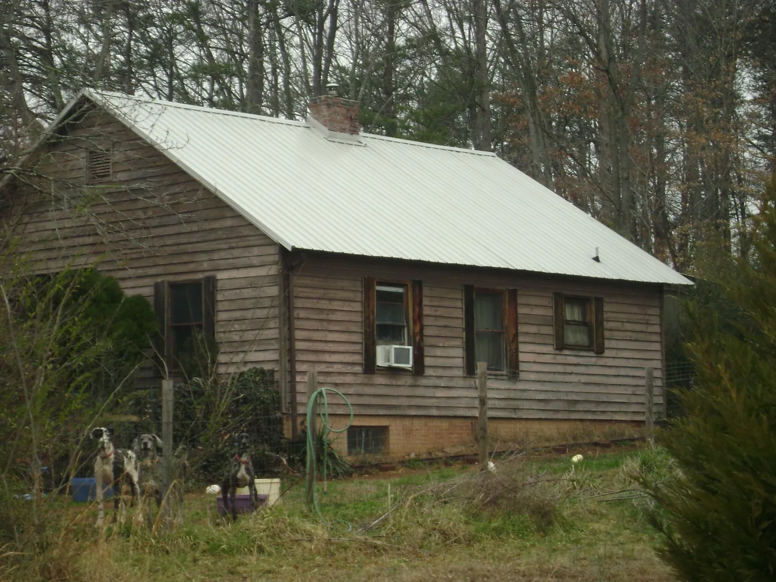 White metal roof on an old wood sided farmhouse, from a Metal Roof Installation job in Grants Pass